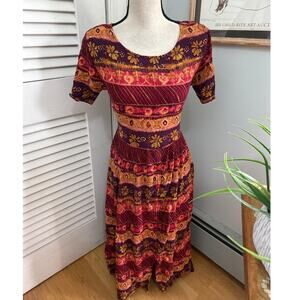 Vintage Bila Dress Medium Red Purple Midi Retro 90s Tie Back Artsy Boho Chic